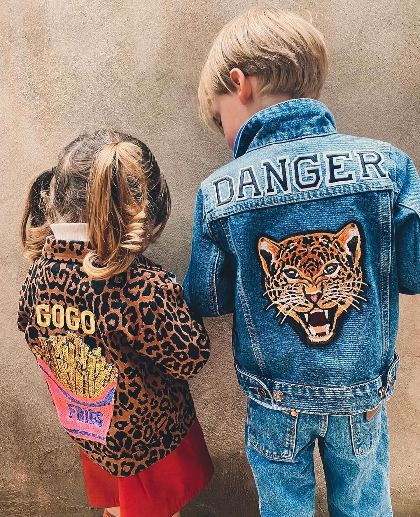 Children wearing Gogo and Danger personalised Patchy Tiger pieces
