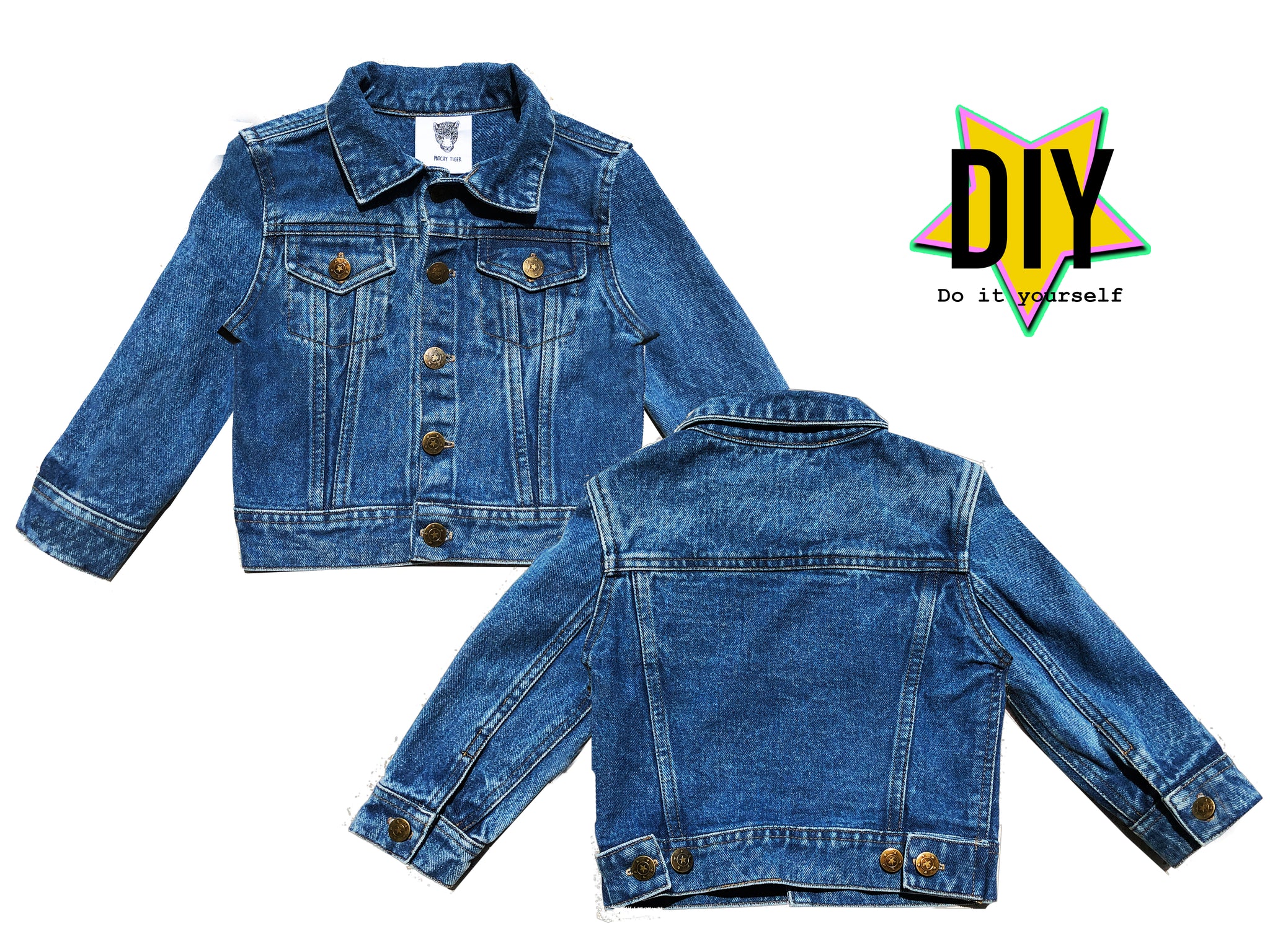 Patchy Tiger stonewashed denim jacket, front and back, photographed on white