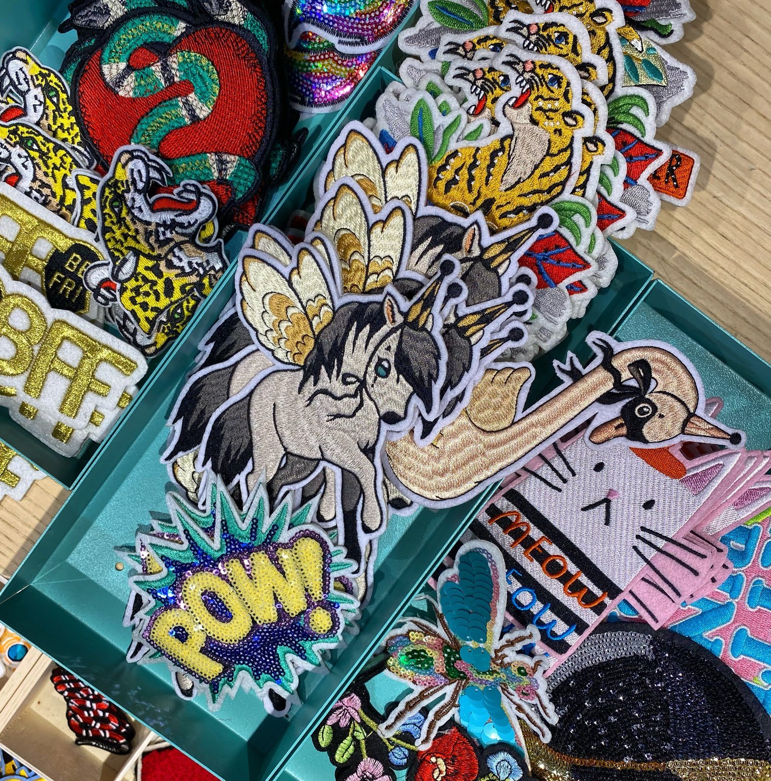 Patch trays with unicorns, animals and colourful embroidered designs