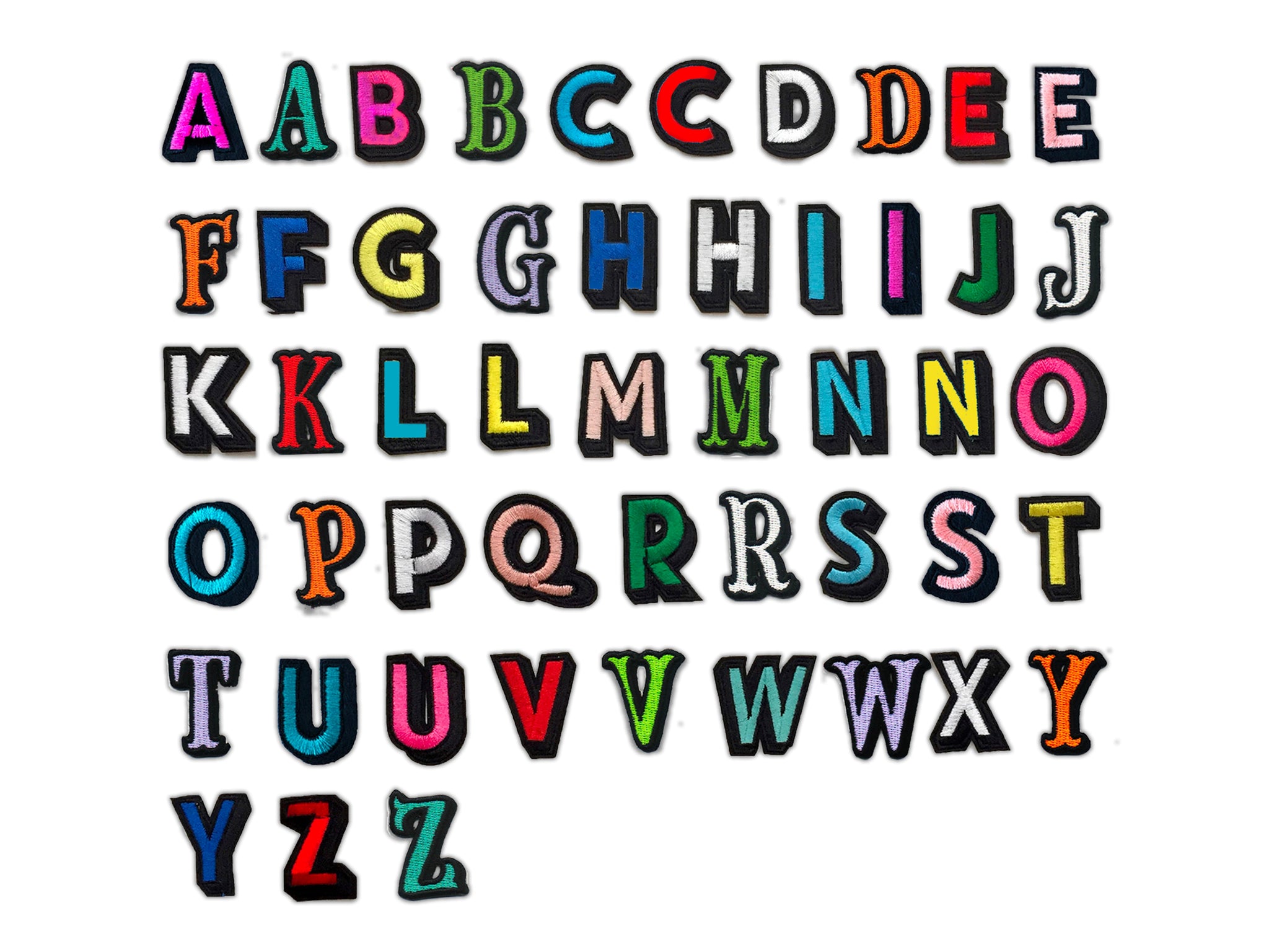 Complete Patchy Tiger embroidered rainbow alphabet on white